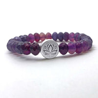 Lotus Stretch Bracelet - Gemstone Beaded Stretchy Bracelet featuring purple gemstones and a silver lotus charm.