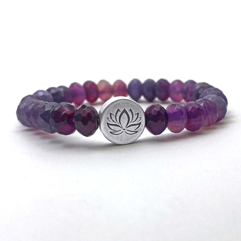 Lotus Stretch Bracelet - Gemstone Beaded Stretchy Bracelet featuring purple gemstones and a silver lotus charm.