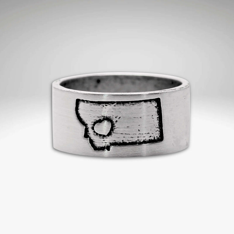 Lovin' Montana Ring with etched Montana shape and heart in Matte Silver finish.