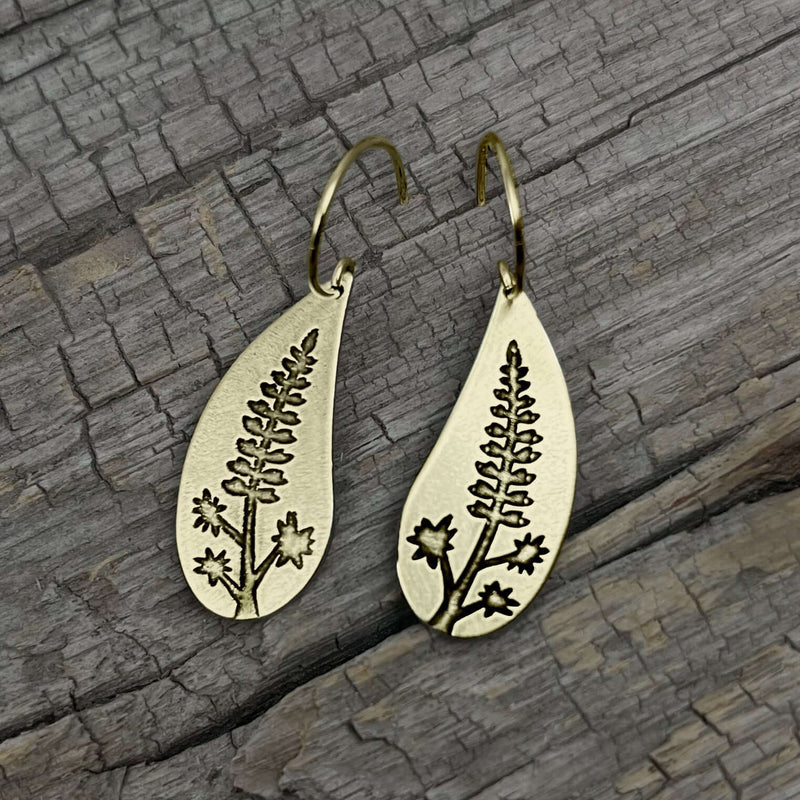 Lupine Flower Earrings featuring intricate floral design in Antique Brass finish, capturing Montana's summer beauty.