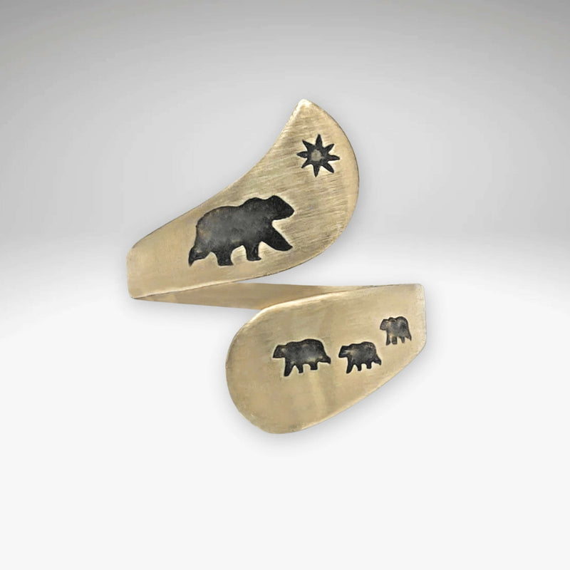 Mama and Cubs Adjustable Ring featuring bear and star designs in antique brass finish.