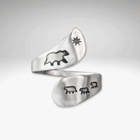 Mama and Cubs Adjustable Ring in matte silver with bear and cub designs, stylish and handmade jewelry.