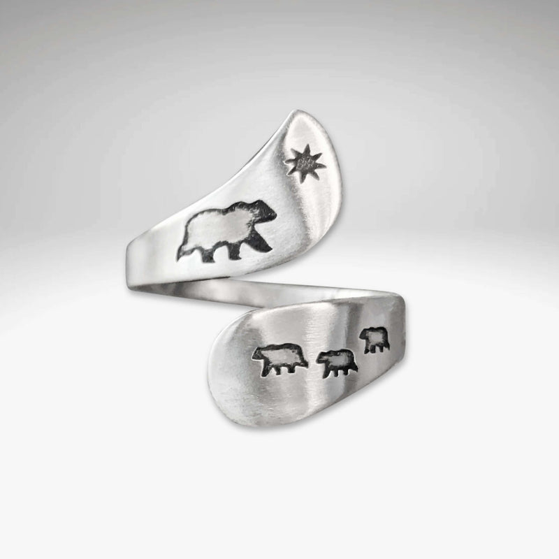 Mama and Cubs Adjustable Ring in matte silver with bear and cub designs, stylish and handmade jewelry.