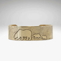 Mama and Cubs Cuff Bracelet featuring a brass cuff with bear and cub designs, showcasing unique acid-free etching.