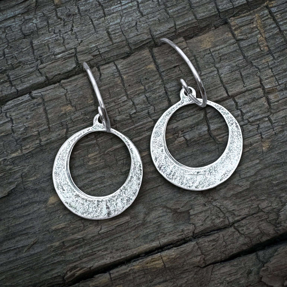 Mini Discs Earrings handcrafted with open round discs in textured Matte Silver finish.