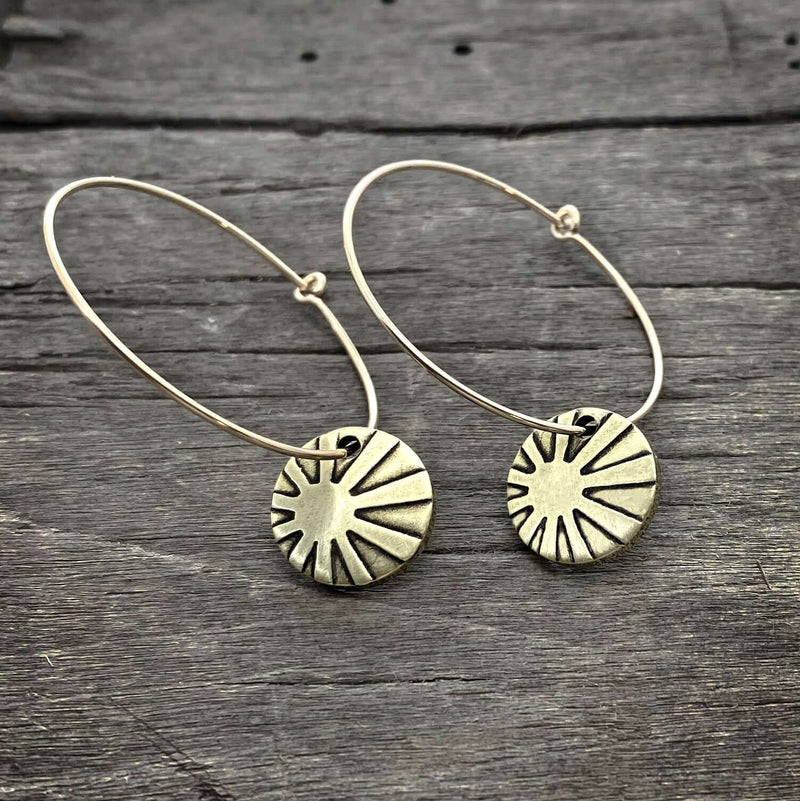 Mini Sun Ray  Hoop Earrings featuring etched sun rays on raw brass with hoop style earwires.