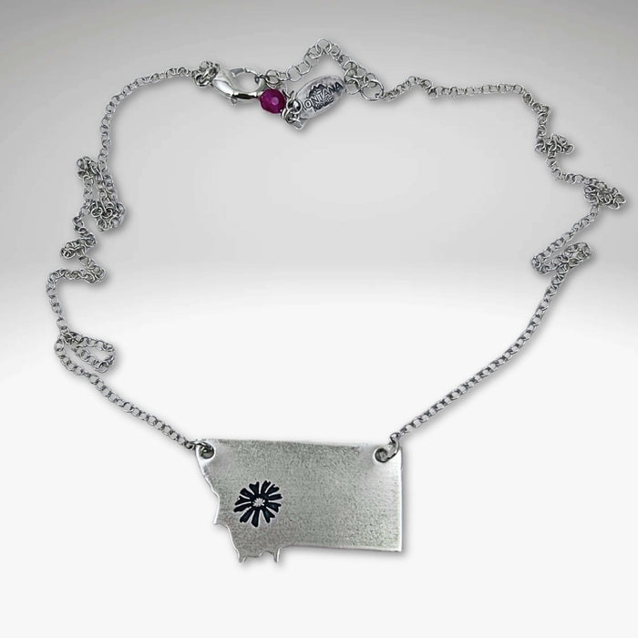 Montana Bitterroot Necklace shown in matte silver finish with state outline and sun design.
