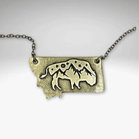 Montana High Alpine View necklace featuring mountain peaks and bison, set in a Montana silhouette.