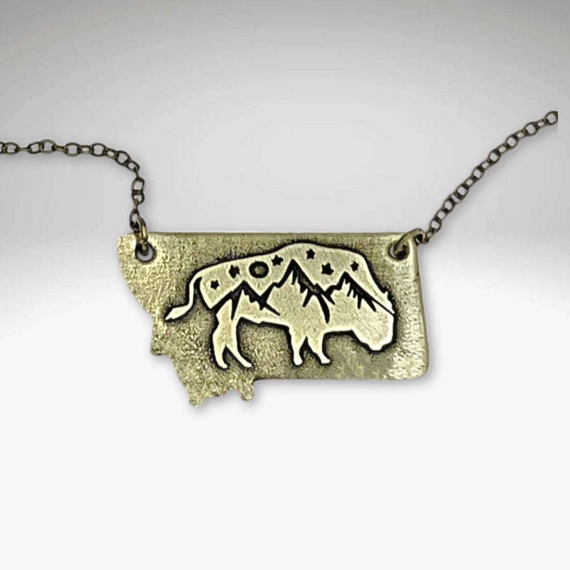 Montana High Alpine View necklace featuring mountain peaks and bison, set in a Montana silhouette.