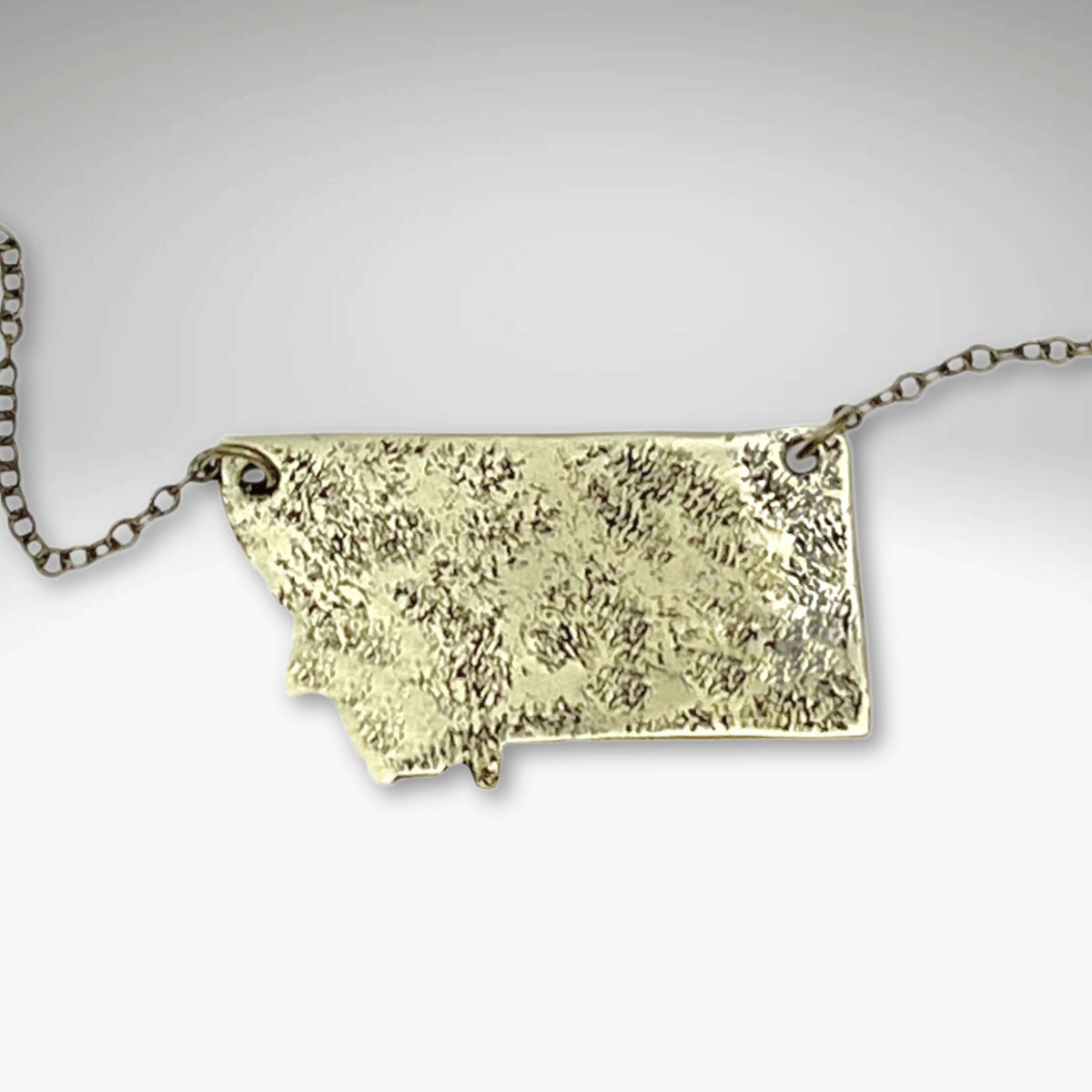Montana Necklace featuring a textured gold outline of the state of Montana on a chain.