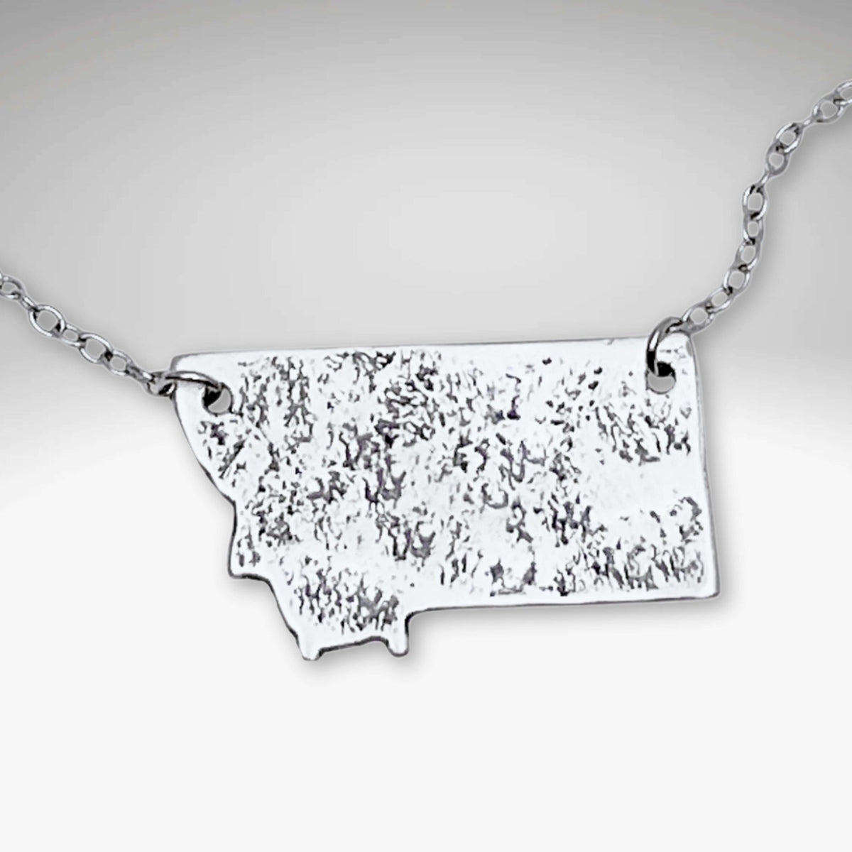 Montana Necklace featuring a textured Montana outline pendant on a silver chain, adjustable up to 18 inches.
