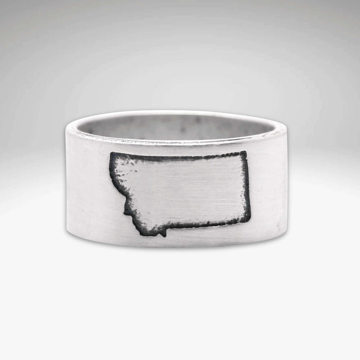 Montana State Outline Ring with engraved outline of Montana on a sleek silver band.