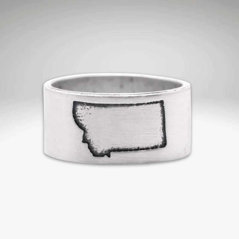 Montana State Outline Ring with engraved outline of Montana on a sleek silver band.