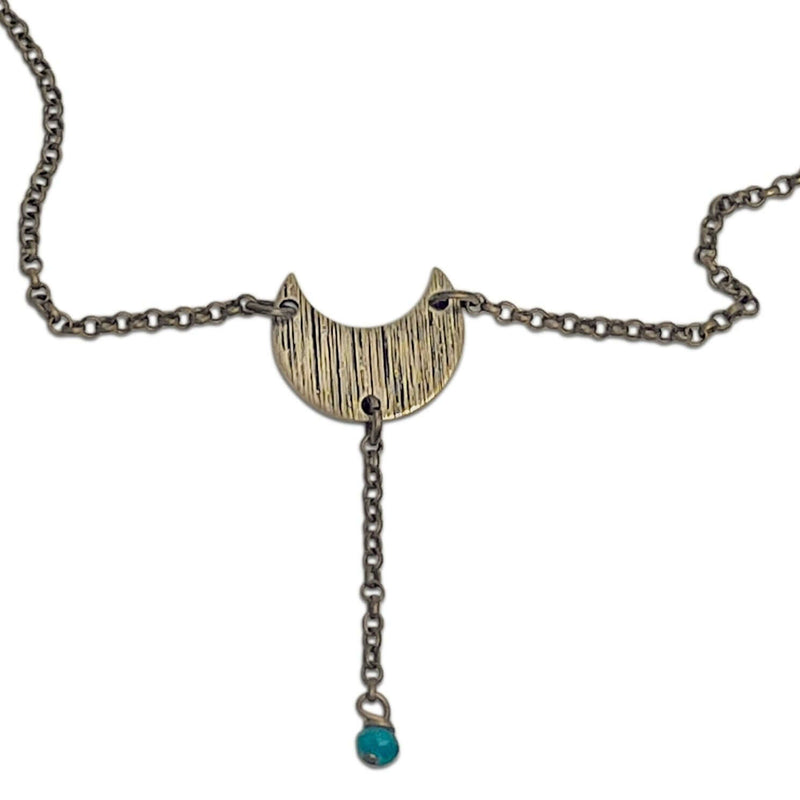 Moonbeam Y Necklace with textured lunar design and turquoise accent, perfect for astrology lovers.