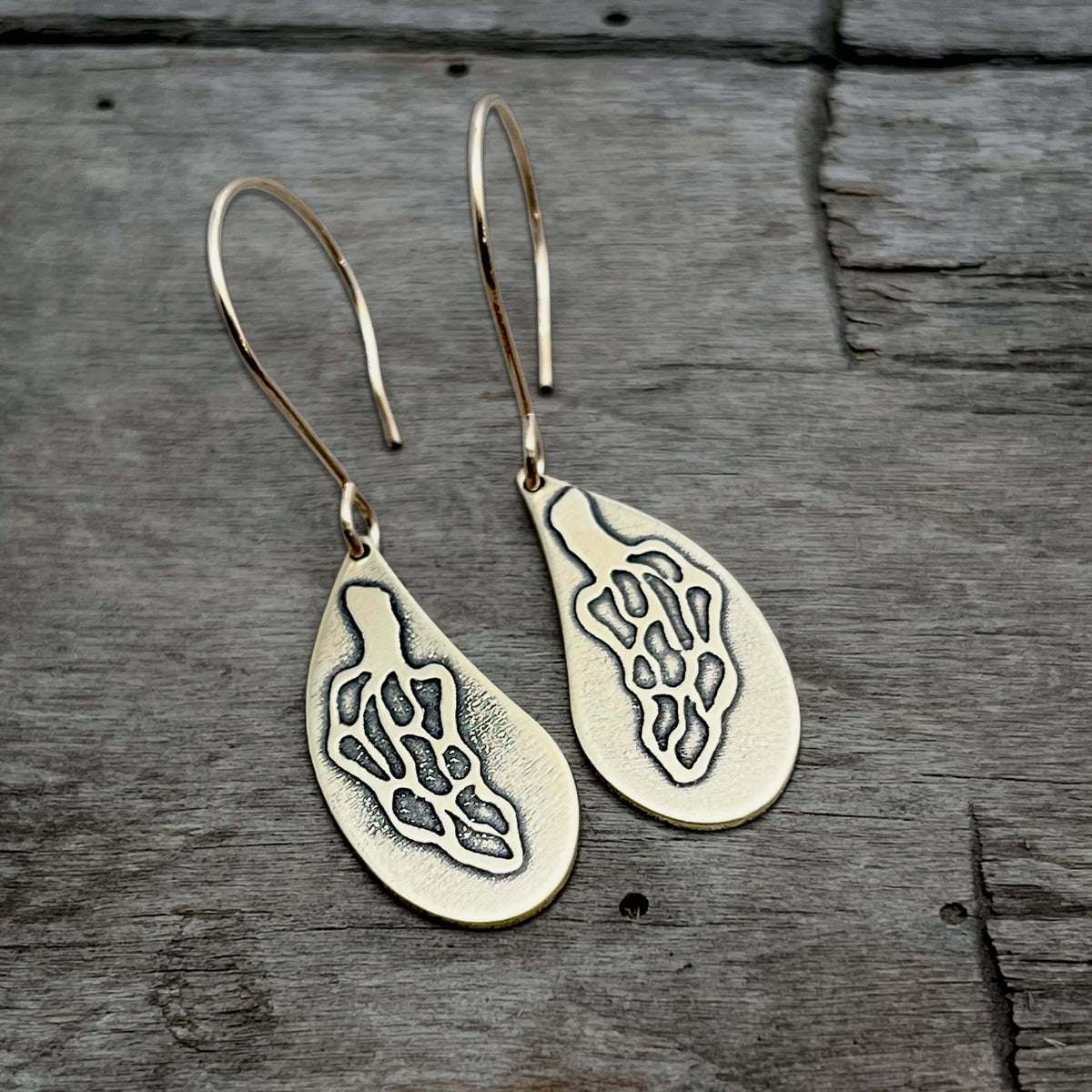 Morels Earrings- Mushroom drop earrings silver or gold featuring detailed fungi design on elegant drop shape.