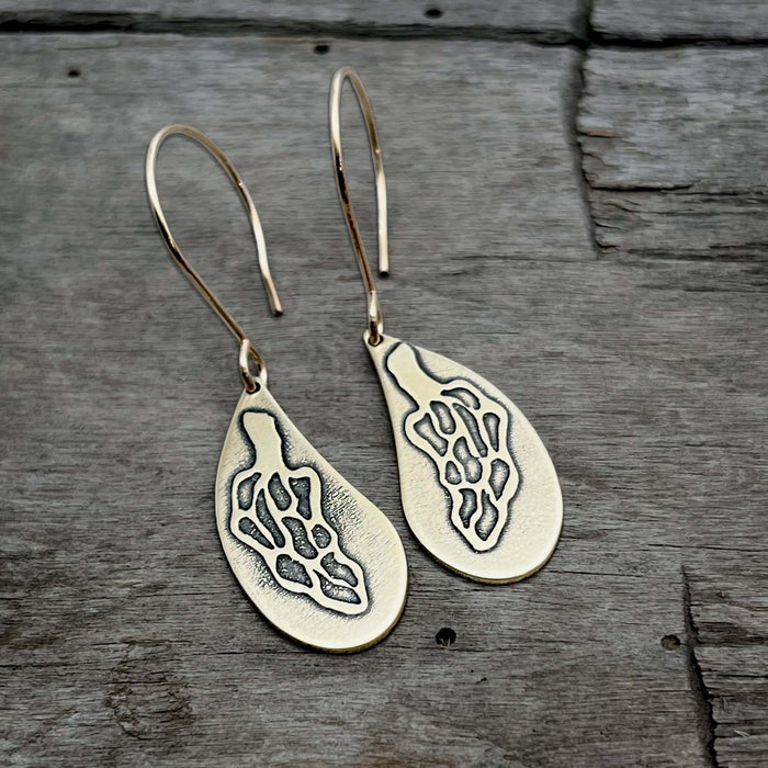 Morels Earrings- Mushroom drop earrings silver or gold featuring detailed fungi design on elegant drop shape.