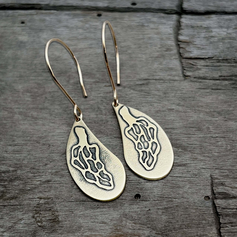 Morels Earrings- Mushroom drop earrings silver or gold featuring detailed fungi design on elegant drop shape.