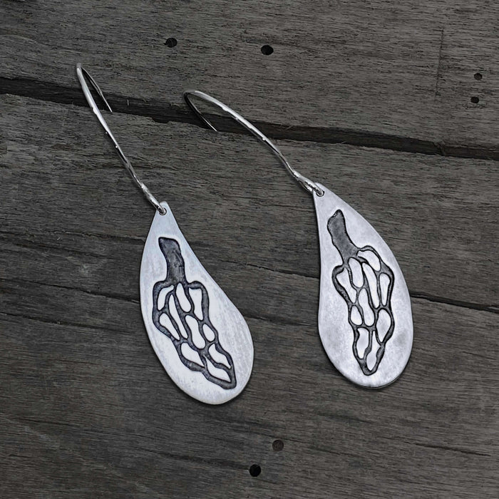 Morels Earrings- Mushroom drop earrings silver or gold featuring detailed fungi design on elegant drop style.