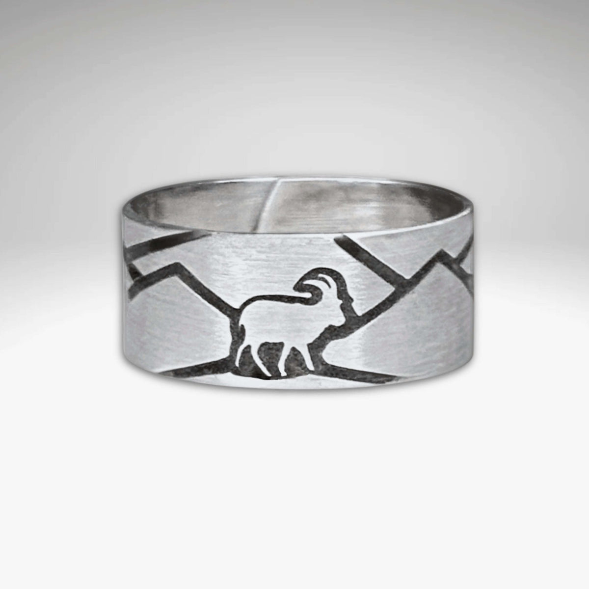 Mountain Goat Adjustable Ring featuring a mountain goat design on a matte silver finish.