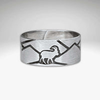 Mountain Goat Adjustable Ring featuring a mountain goat design on a matte silver finish.