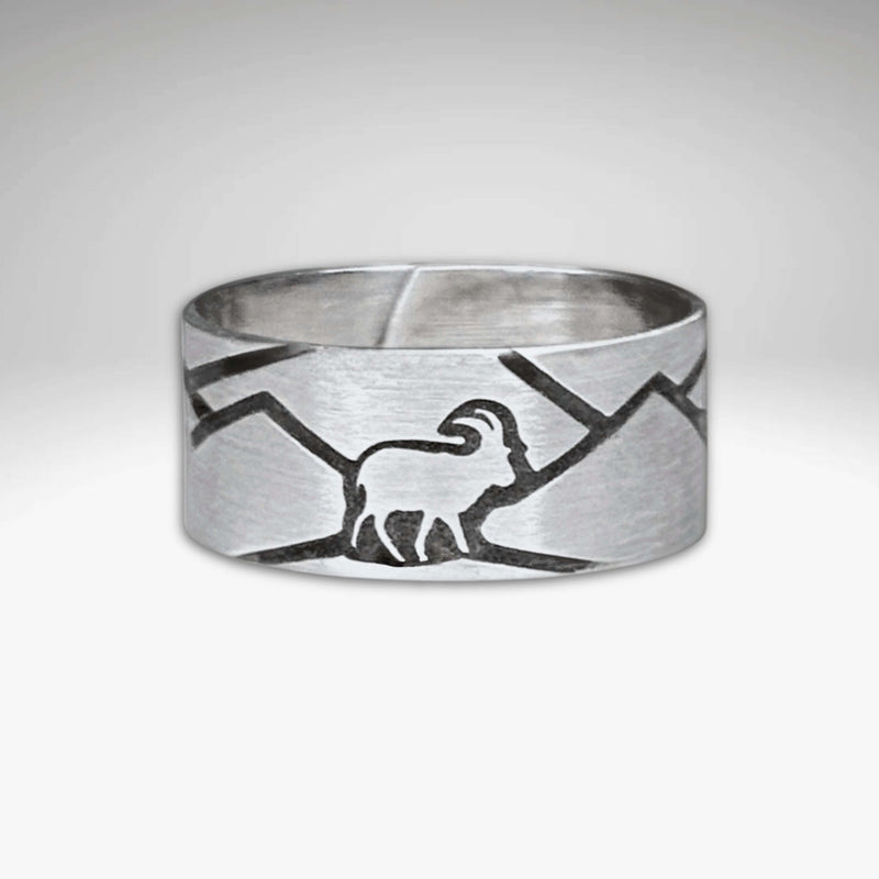 Mountain Goat Adjustable Ring featuring a mountain goat design on a matte silver finish.