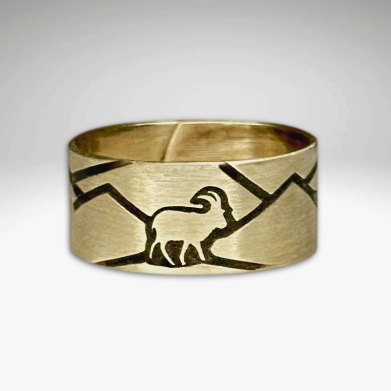 Mountain Goat Adjustable Ring featuring a mountain goat design on a matte antique brass finish.