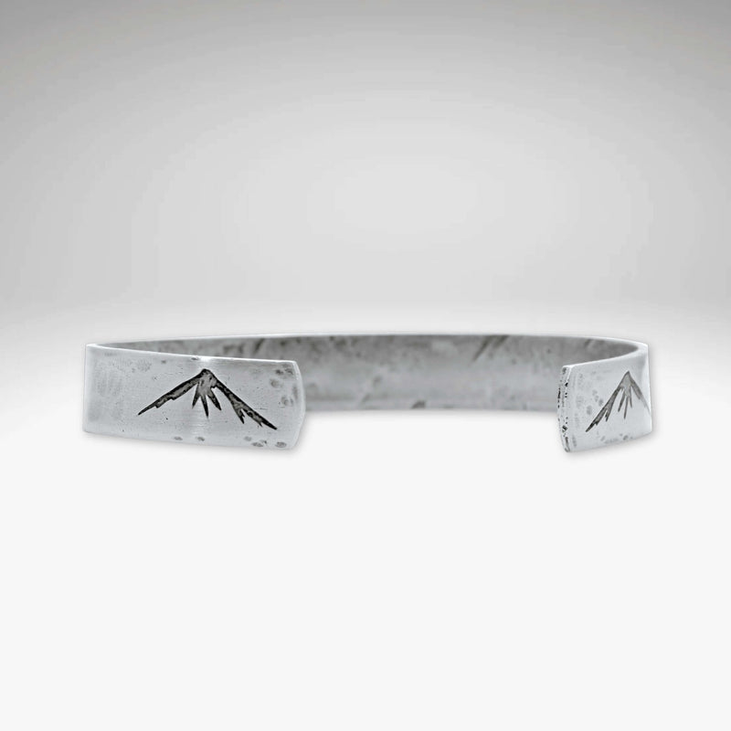 Mountain Peaks Cuff Bracelet showcasing mountain peaks design, handmade cuff perfect for outdoor enthusiasts.