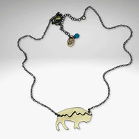 Mountains on Buffalo Necklace featuring a bison pendant on a rolo chain with hand-finished rustic style.