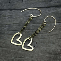 Open Heart Earrings in 14k gold fill with delicate chain, handmade lightweight design for stylish everyday wear.