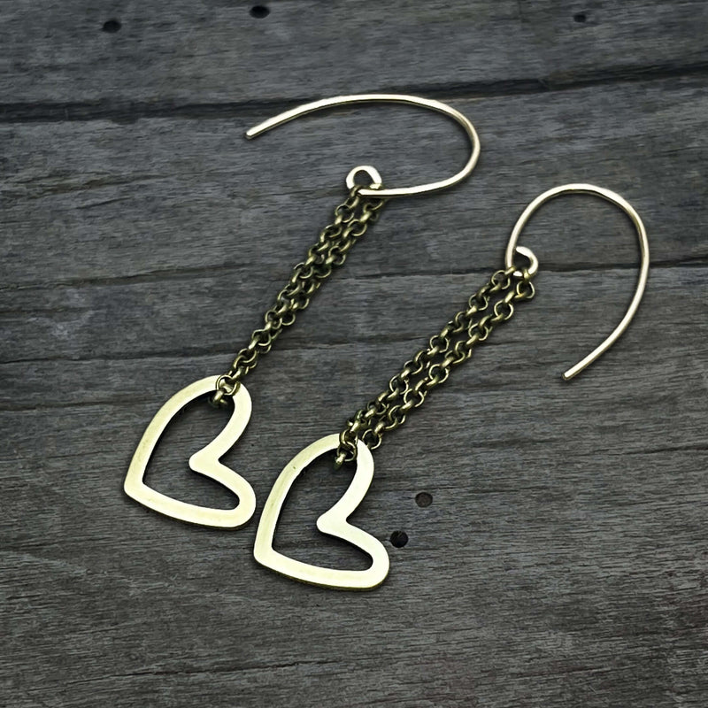 Open Heart Earrings in 14k gold fill with delicate chain, handmade lightweight design for stylish everyday wear.