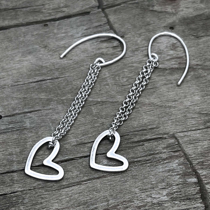 Open Heart Earrings on a rolo chain with sterling silver earwires, featuring delicate heart dangles.