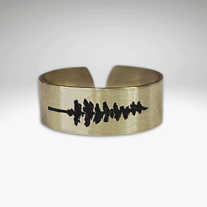 P Pine Adjustable Ring in antique brass finish featuring a pine tree design.