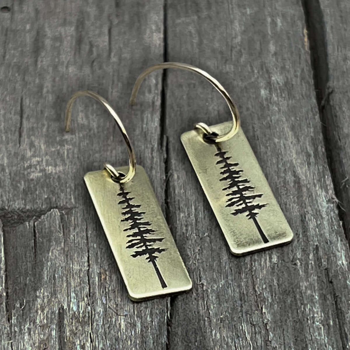 P Pine Tree Earrings in antique brass finish with elegant pine tree design on rectangular base, perfect for any outfit.