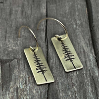 P Pine Tree Earrings in antique brass finish with elegant pine tree design on rectangular base, perfect for any outfit.