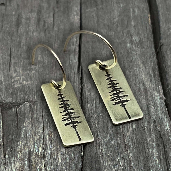 P Pine Tree Earrings in antique brass finish with elegant pine tree design on rectangular base, perfect for any outfit.