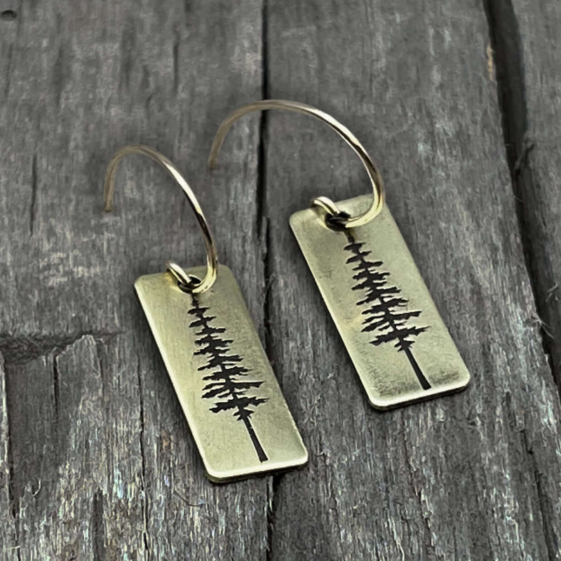 P Pine Tree Earrings in antique brass finish with elegant pine tree design on rectangular base, perfect for any outfit.