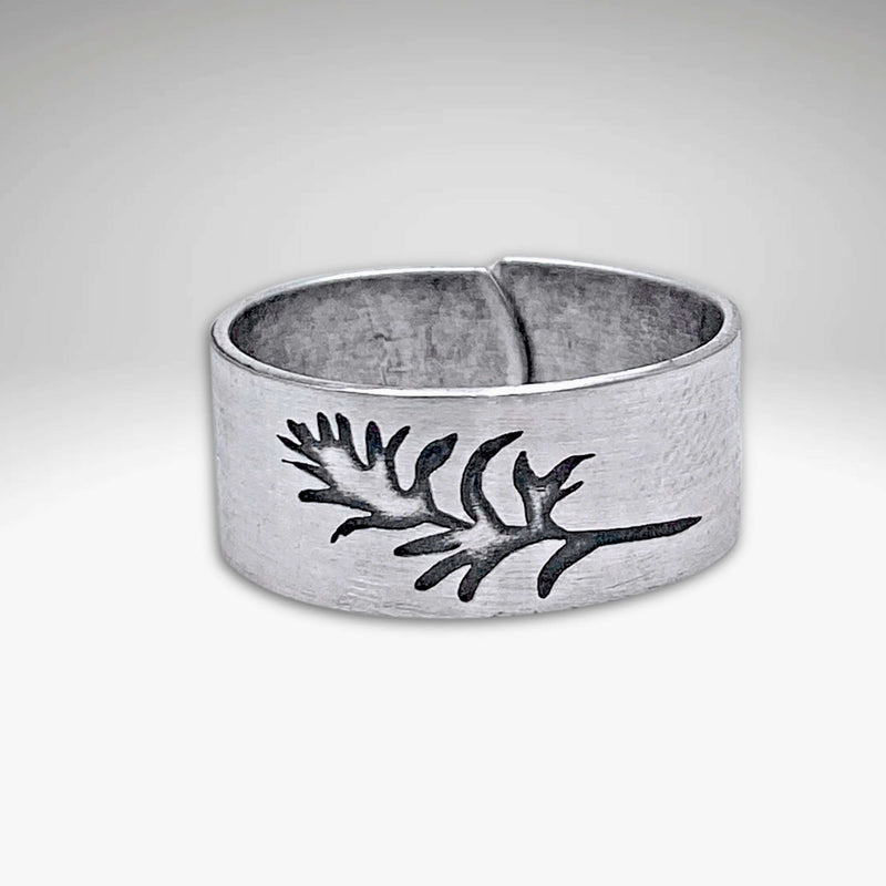 Paintbrush Adjustable Ring featuring a vibrant wildflower design etched in Matte Silver finish.