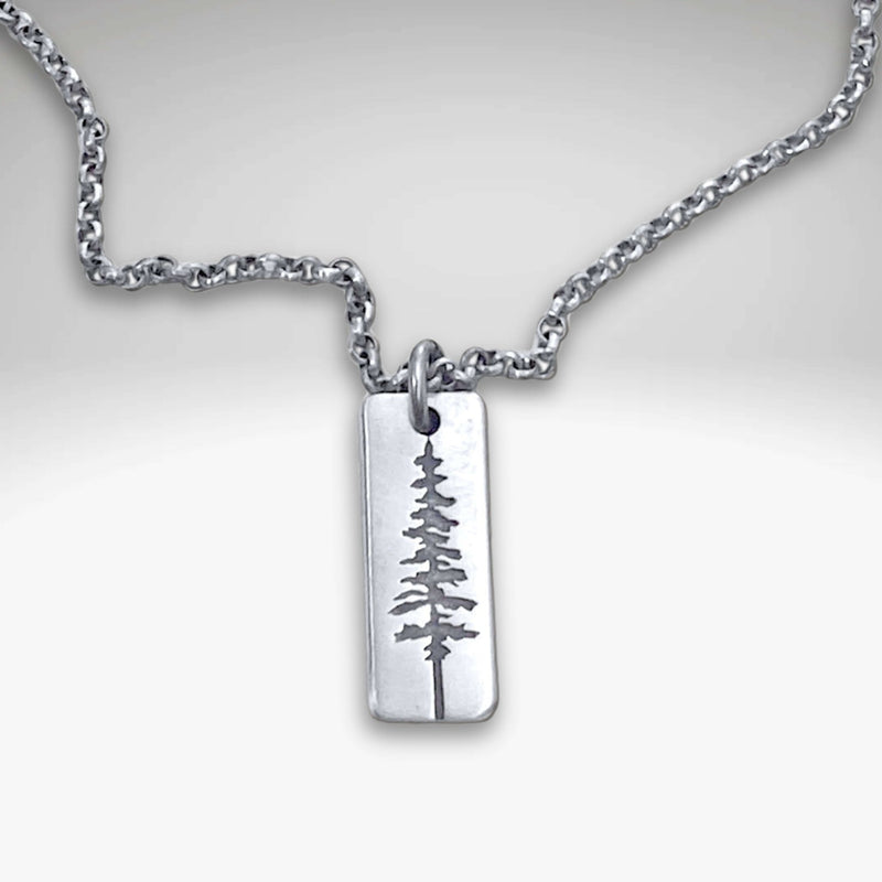 Pine Tree Necklace featuring a Ponderosa Pine pendant on a silver chain.