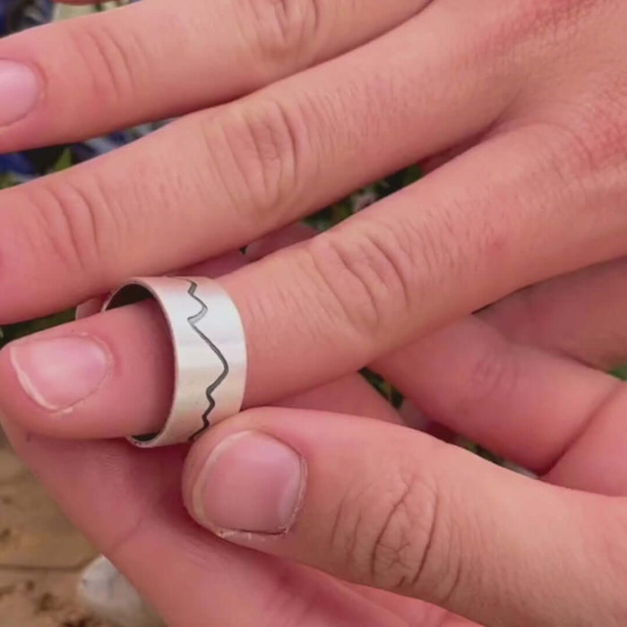 Simple Mountain Adjustable Ring worn on a finger, showcasing its unique mountain design, perfect for nature lovers.