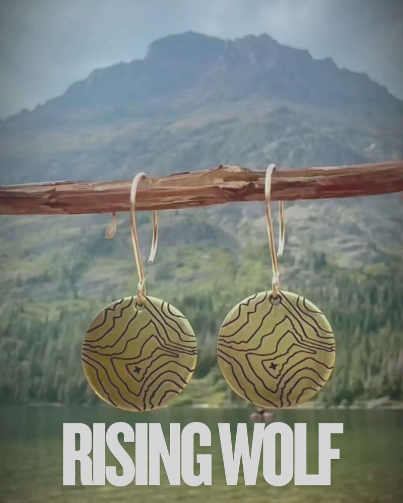 Rising Wolf Earrings featuring topographic design inspired by Rising Wolf Mountain in Glacier National Park.
