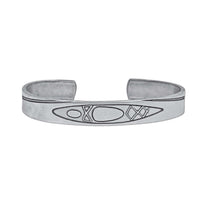 River Run Kayak Cuff Bracelet in Matte Silver finish, showcasing kayak etched design.