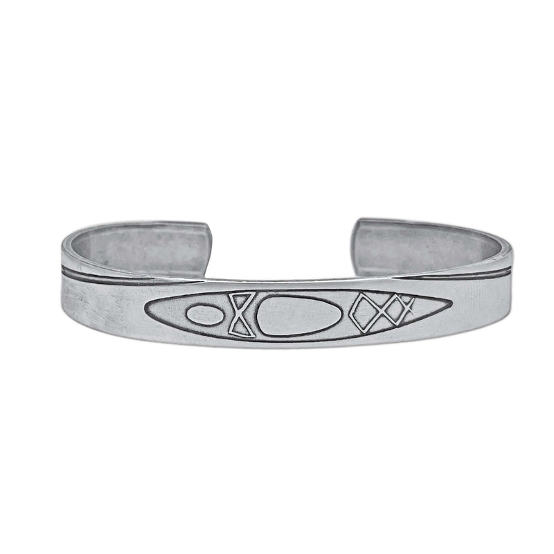River Run Kayak Cuff Bracelet in Matte Silver finish, showcasing kayak etched design.
