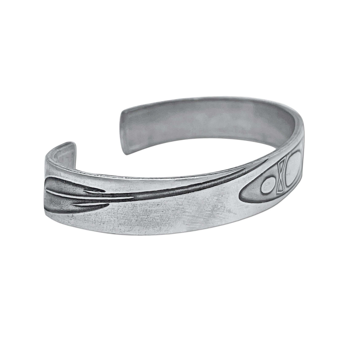 River Run Kayak Cuff Bracelet in matte silver finish with acid-free etching design, perfect for kayakers.