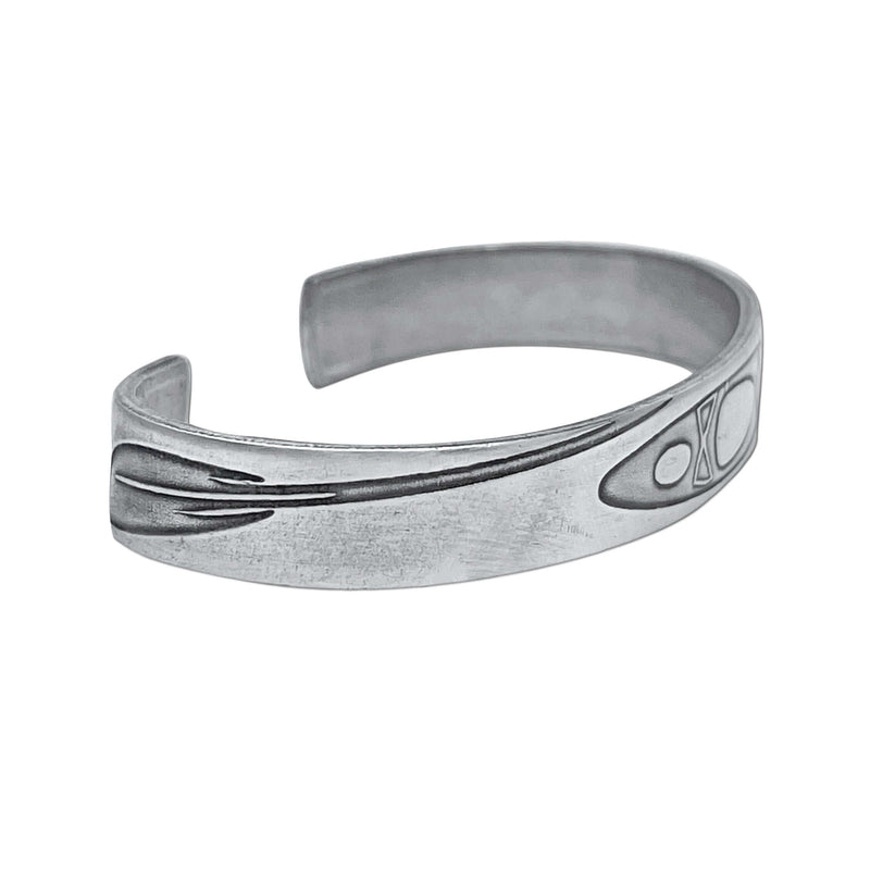 River Run Kayak Cuff Bracelet in matte silver finish with acid-free etching design, perfect for kayakers.