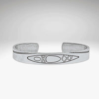 River Run Kayak Cuff Bracelet in Matte Silver finish with acid-free kayak etching design.
