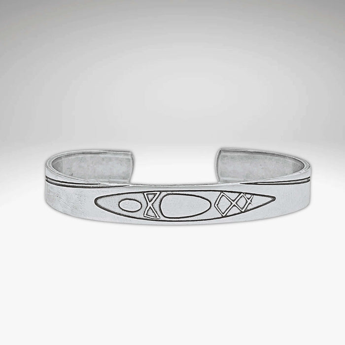 River Run Kayak Cuff Bracelet in Matte Silver finish with acid-free kayak etching design.