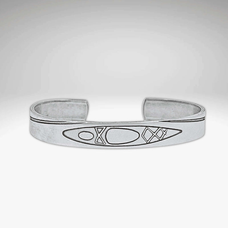 River Run Kayak Cuff Bracelet in Matte Silver finish with acid-free kayak etching design.