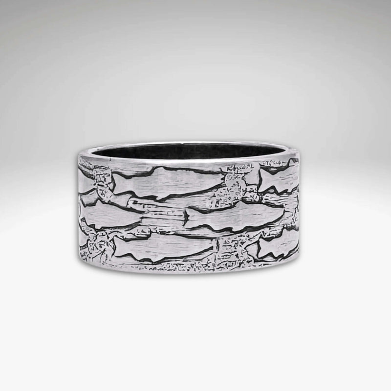 Salmon Ring crafted in matte silver with detailed fish design, perfect for nature lovers and fishing enthusiasts.