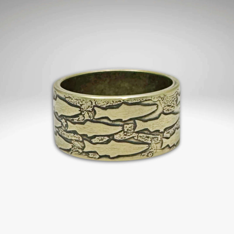 Salmon Ring in Antique Brass finish featuring a unique fish pattern for fishing enthusiasts.