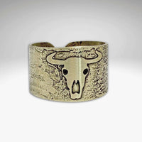 Skull Adjustable Ring featuring a bold bison skull design in solid brass with sterling silver finish.